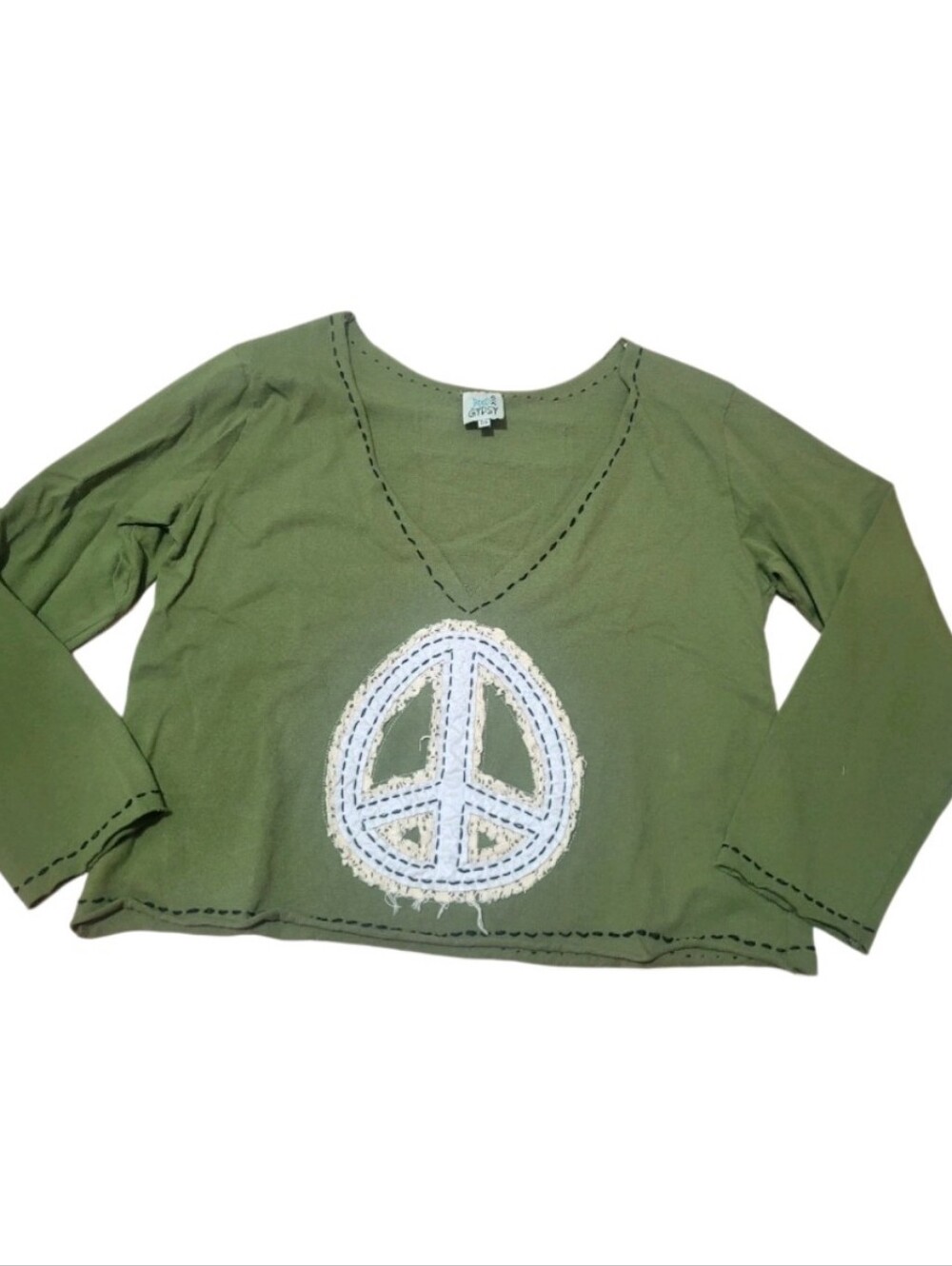 Jaded Gypsy $178 Bohemian Green Low Vneck Peace Logo Top Sz O/S